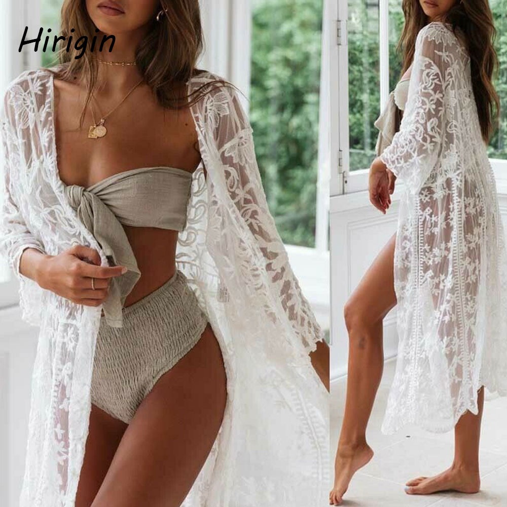 Elegant women boho Sheer White Lace Kimono kimono cover up - Picture 2 of 10